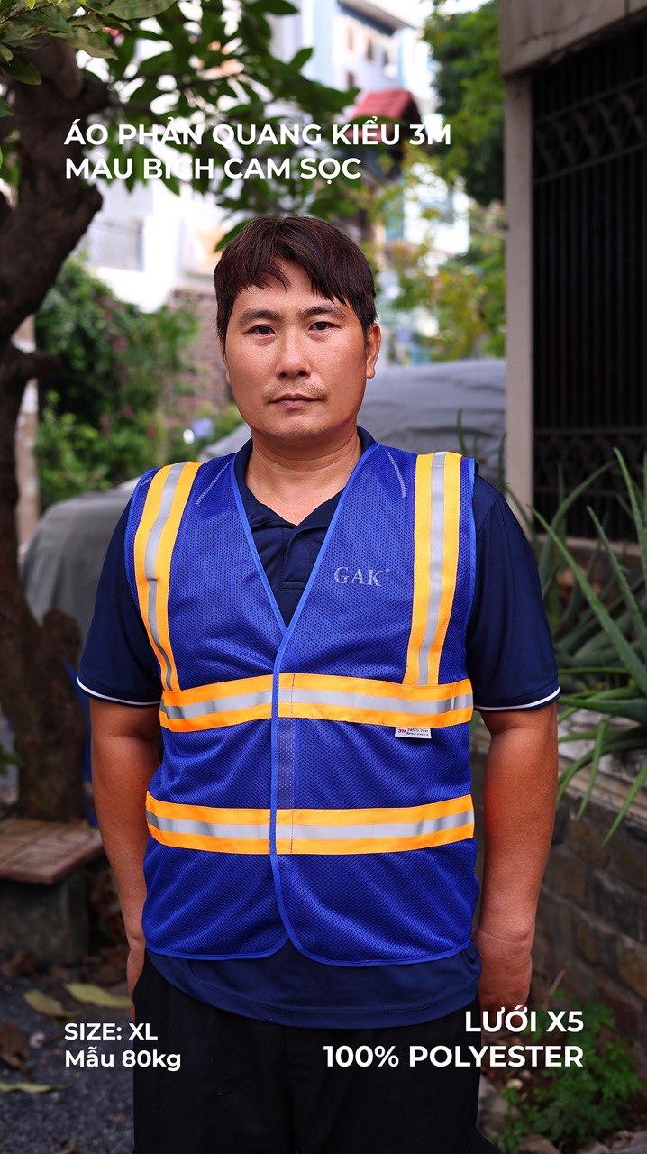 Áo phản quang kiểu 3M, Màu sắc: Xanh dương (Bích), Phản quang: Cam sọc 5cm