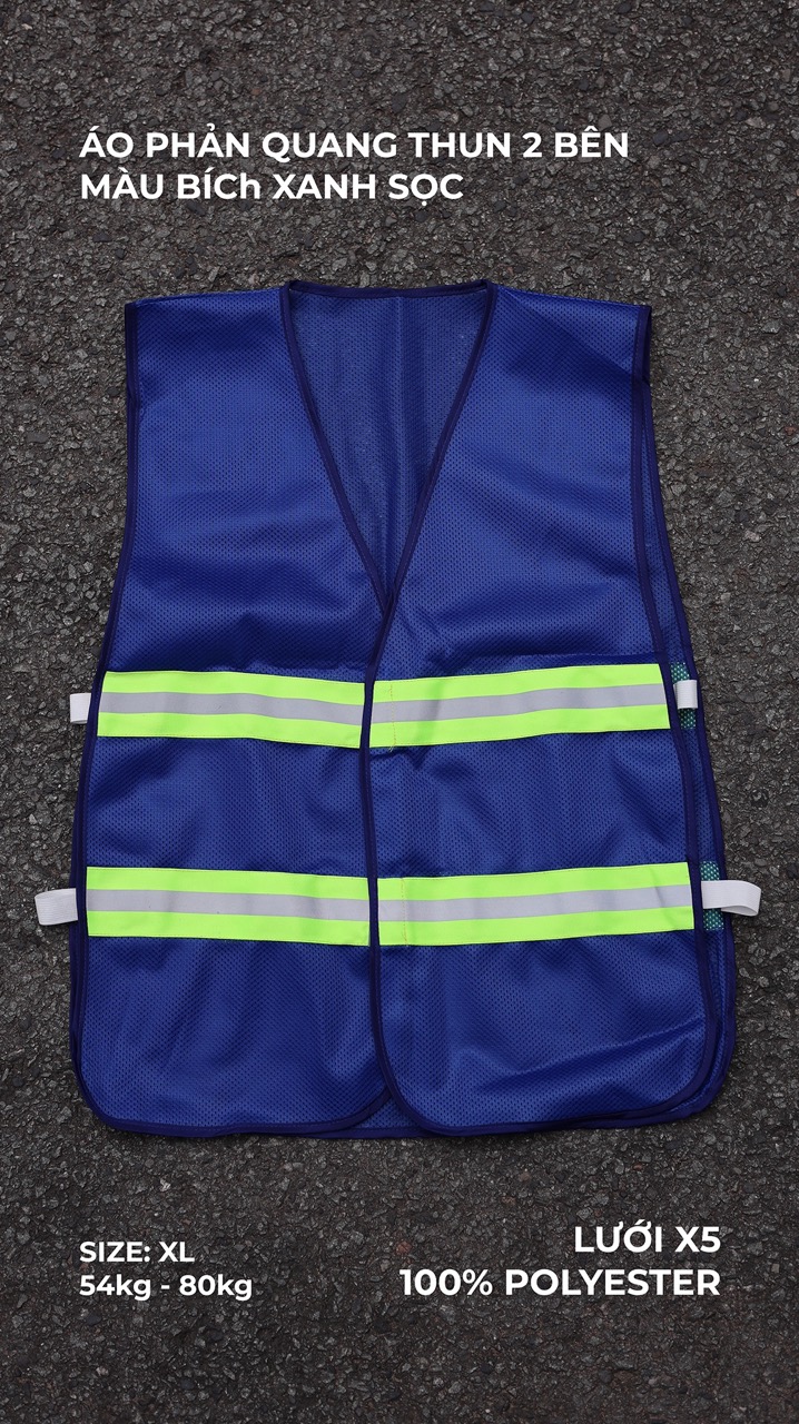Blue reflective mesh vest with elastic sides, featuring a 5cm-wide blue reflective stripe