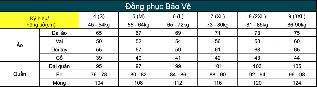 Bảng size đồng phục bảo vệ