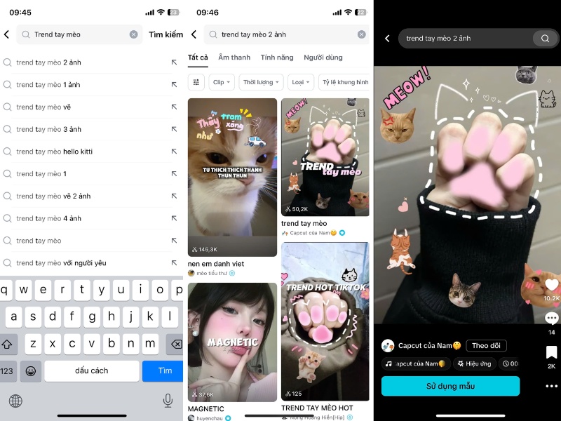 Bước 2: Tìm kiếm mẫu CapCut trend tay mèo