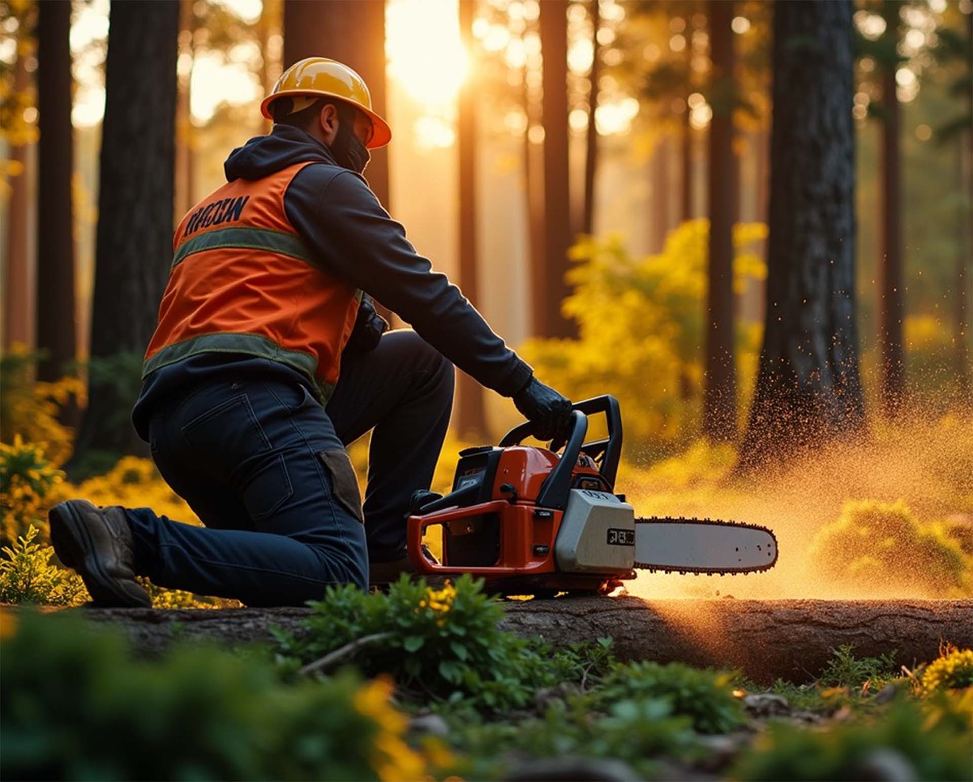 Người công nhân xẻ gỗ được trang bị đầy đủ trang thiết bị bảo hộ cá nhân đang làm việc trong rừng