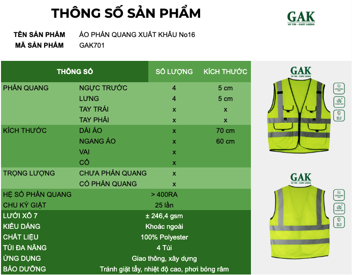 Thông số sản phẩm áo phản quang xuất khẩu No16